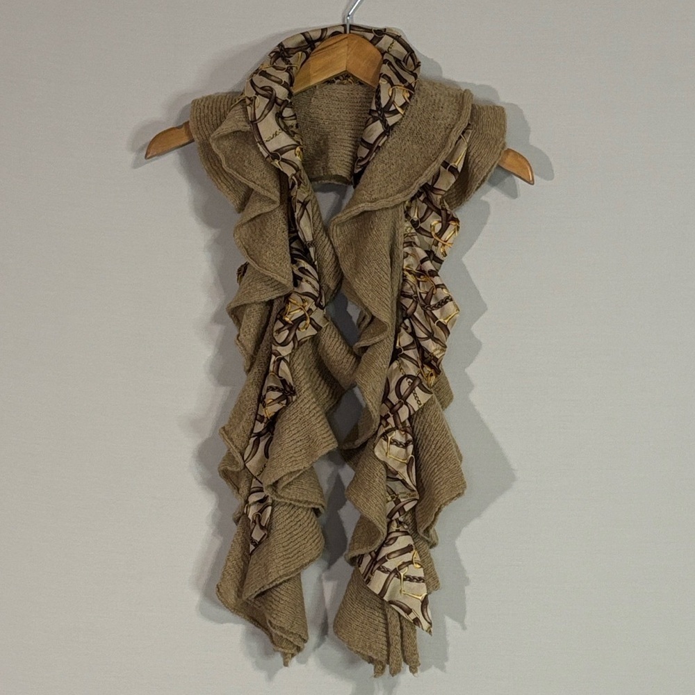 Lauren Ralph Lauren Ruffle Knit Scarf Silk Chain Print Neutral Luxe